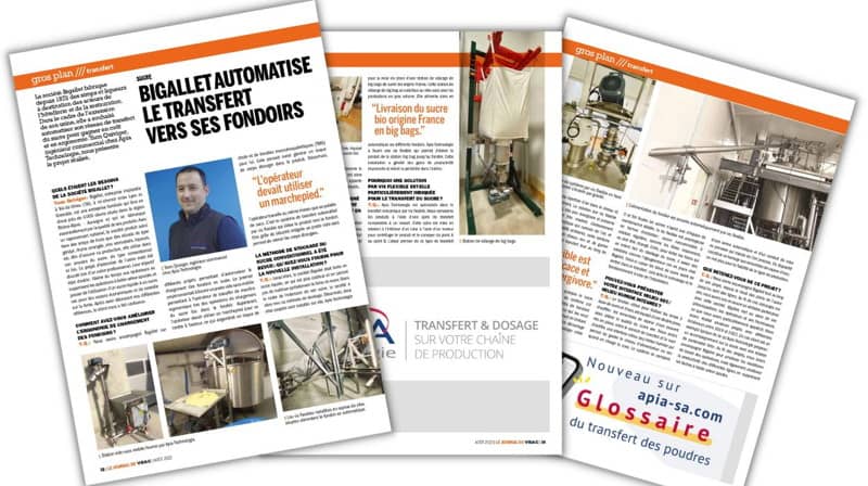 Les 3 pages de l'article du Journal du Vrac consacré au transfert de sucre chez Bigallet par APIA Technologie