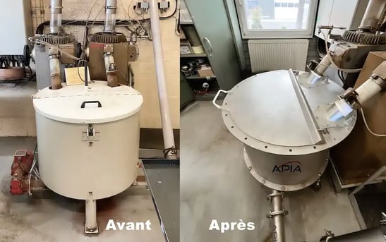 La trémie de chargement du café moulu avant et après modernisation par APIA Technologie pour les cafés Chapuis