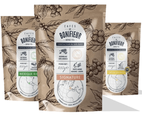 Trois exemples de produits des Cafés Le Bonifieur : cafés grains ou moulus du Mexique, de Colombie ou Signature