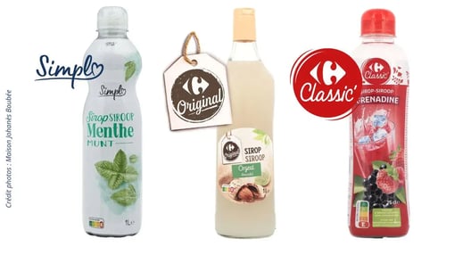 Trois exemples de sirops produits sur le site de Bayeux de Johanès Boubée : sirop de menthe Simply, sirop d'orgeat Original, sirop de grenadine Classic
