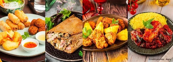 Présentation de la gamme de produits traiteurs agis dans 4 assiettes dont deux spécialités asiatiques, une galette bretonne, et un plat orientale