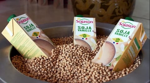 3 briques de boisson au soja vanille de marque sojasun dans un saladier rempli de graines de soja