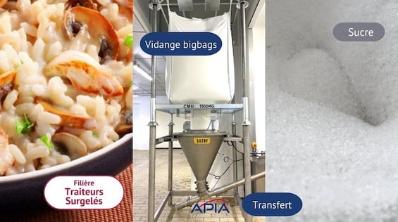 Illustration du cas client Marie Surgelés où l'in voit le produit fini (rizzotto), la videuse big-bag et le sucre