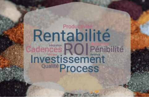 Montage photo avec des poudres et un nuage de mots : ROI, Rentabilité, productivité, cadences, investissement, process, pénibilité