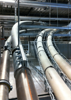 Transfer of powders by means of a flexible auger inside a pipe which limits dust accumulation and the risk of contamination of the food powders.