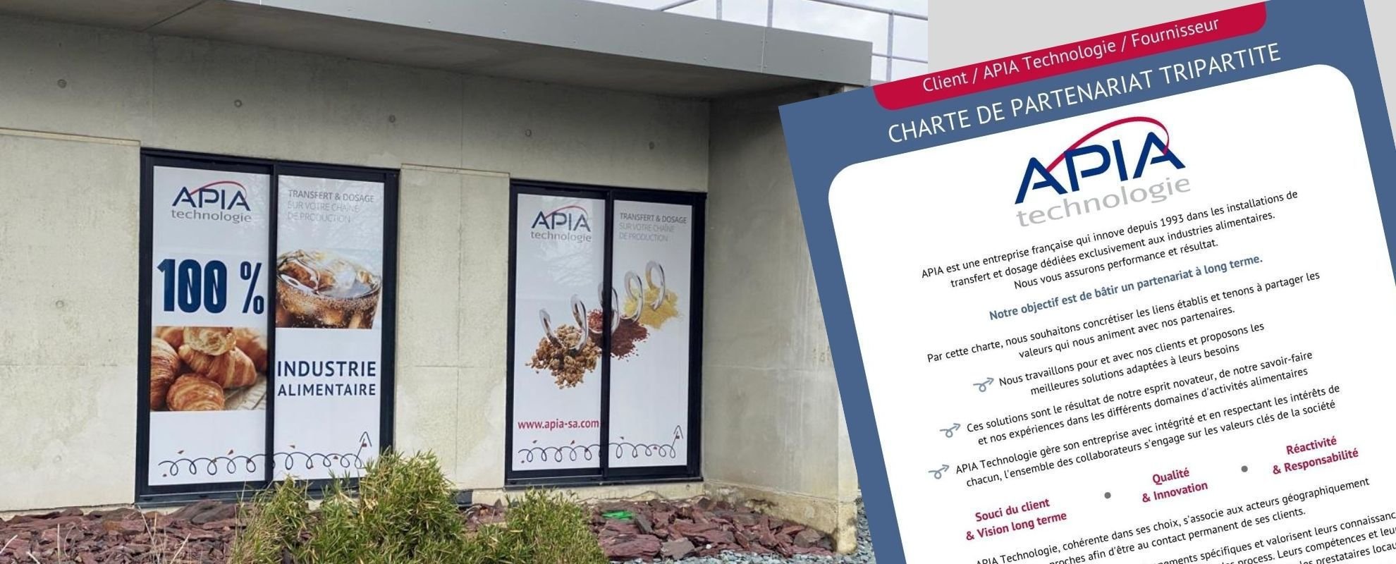 charte de partenariat et d'engagement APIA Technologie vis-à-vis de ses clients et fournisseurs avec une façade des locaux APIA en arrière-plan