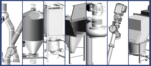 Vue stylisée 3D de quelques exemples d'équipements de manutention des poudres de la gamme alimentaire APIA Technnologie