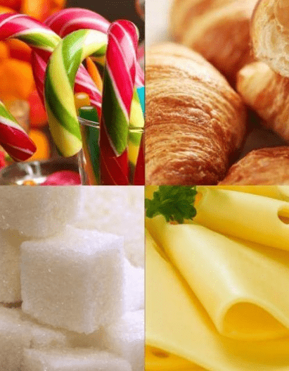 Mosaïque de plusieurs produits finis agroalimentaires illustrant les filières confiserie, sucrerie, viennoiserie et fromagerie 