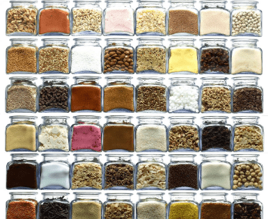Samples of food-grade dry products, powders and ingredients in jars