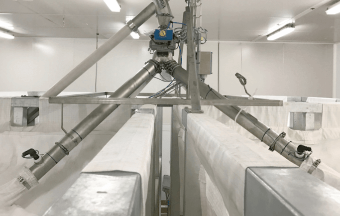Réseau de conduits alimentant quatre silos alimentaires différents grâce à un aiguillage automatisé
