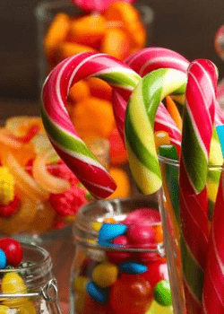 Barley sugar canes and sweets from the confectionery agri-food sector