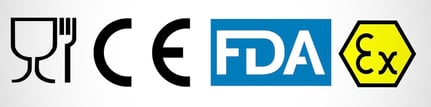Pictos illustrant les conformités alimentaire, CE, FDA et Atec