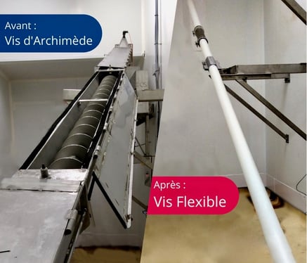 Visuel comparatig entre une vis d'Archimède et une vis flexible pour le transfert d'ingrédients secs en usine agroalimentaire