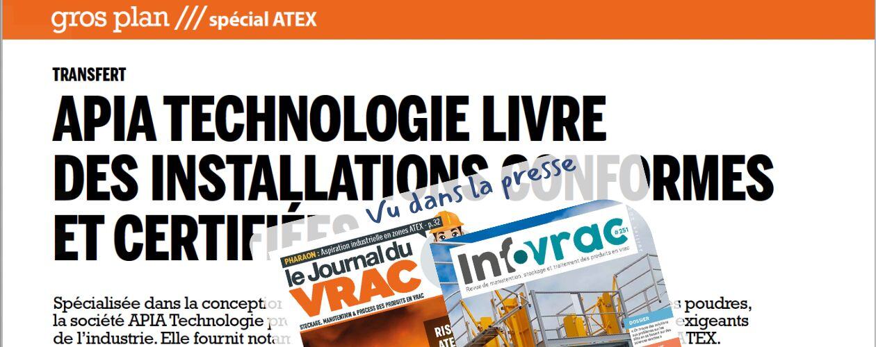 Extraits des deux articles sur les solutions APIA Technologie certifiées Atex publiés dans Le Journal du Vrac et Infovrac