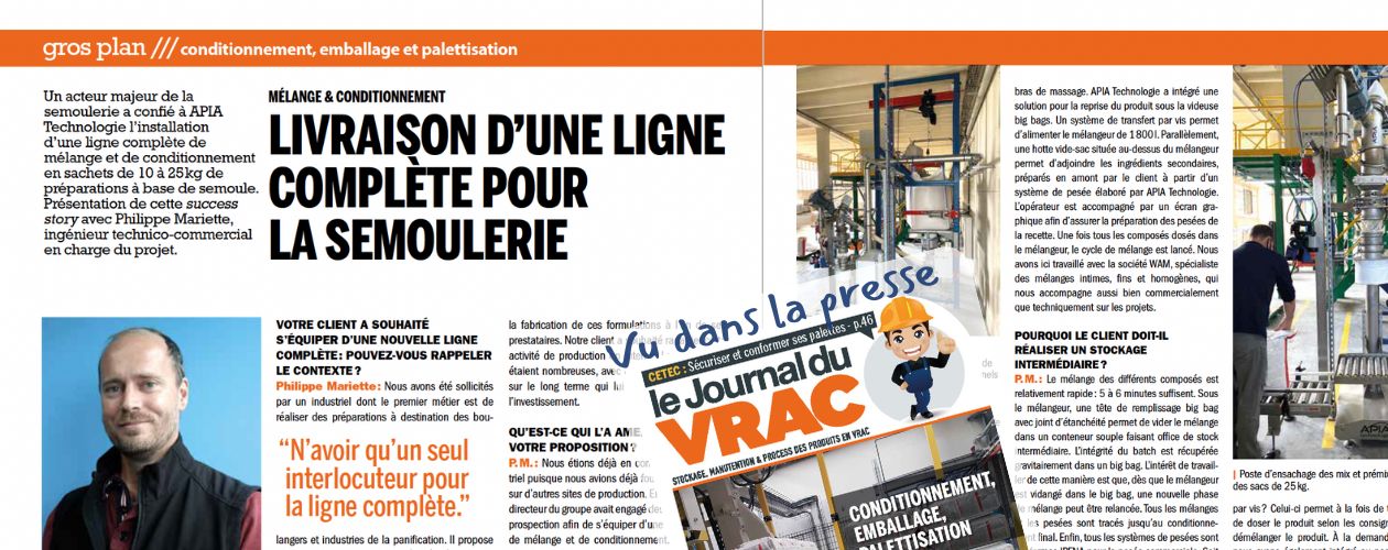 Extrait de l'article du journal du vrac sur la ligne complète de mélange et conditionnement de semoule réalisée par APIA Technologie