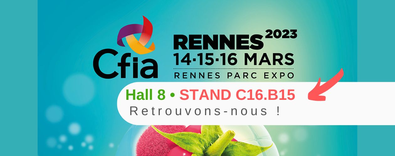 Affichette annonçant la présence d'APIA Technologie au salon du CFIA de Rennes 2023, Hall 8 Stand C13.B15