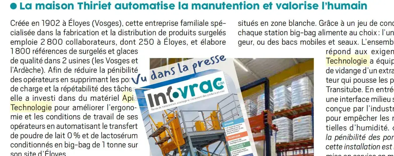 Extrait de l'article sur le cas client Thiriet mené par APIA Technologie et couverture du magazine Infovrac de juillet 2024