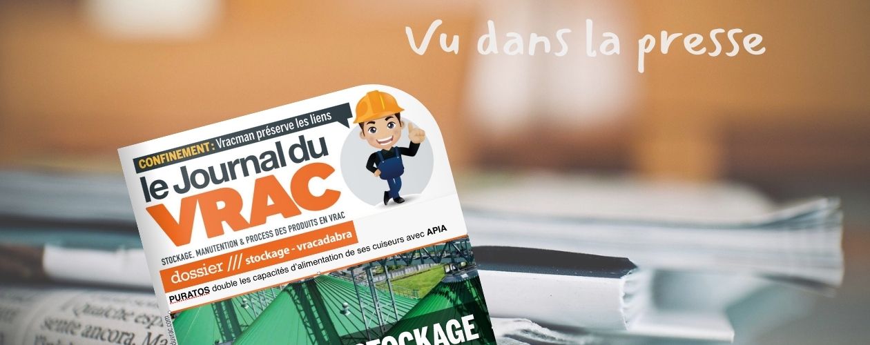 Couverture du Journal du Vrac d'Avril 2020 qui reprend le cas de réalisation du doublement des capacité de transfert de sucre mené par APIA chez son client Puratos