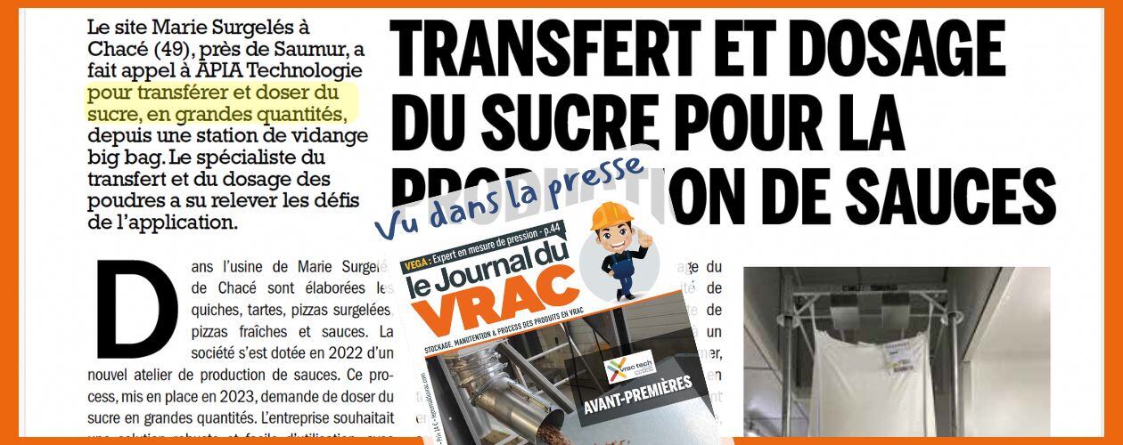 Extrait de l'article du Journal du Vrac sur la réalisation APIA Technologie pour transférer du sucre sur la ligne sauces
