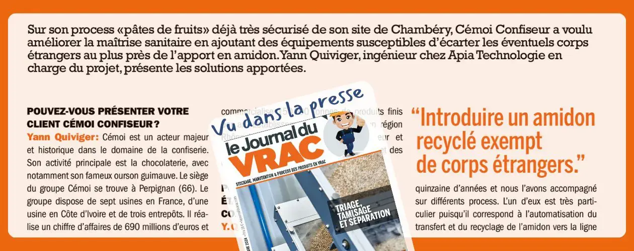Extrait de l'interview sur le projet de recyclage d'amidon sur la ligne mogul chez Cemoi avec un visuel de la couverture du Journal du Vrac dans laquelle elle est parue