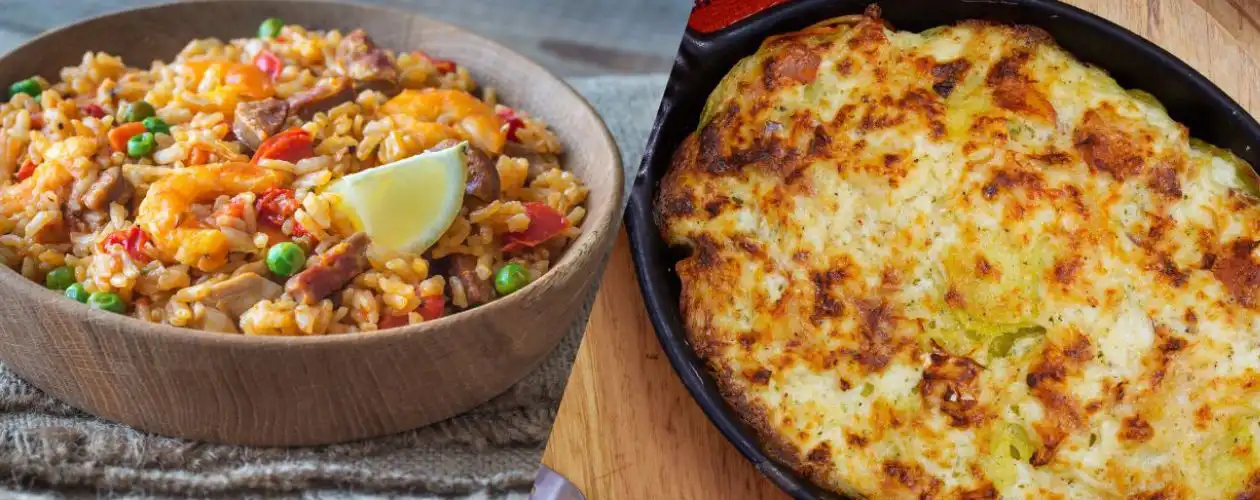 Une assiette de paella et une cassolette de gratin de choux-fleur