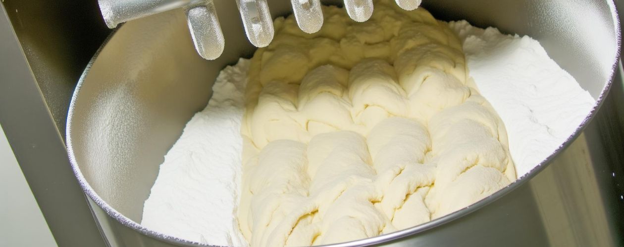 Pétrin industriel dans lequel on voit une préparation de pâte à biscuit avec du sucre glace