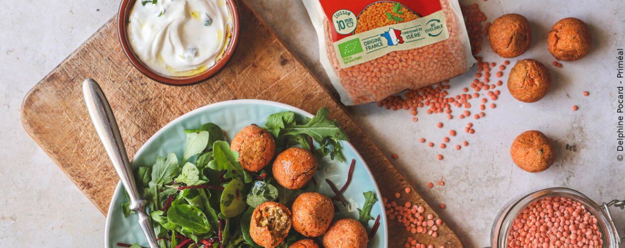 Un plat de falafels posés sur une salade, préparé à partir de lentilles corail de fabrication Ekibio