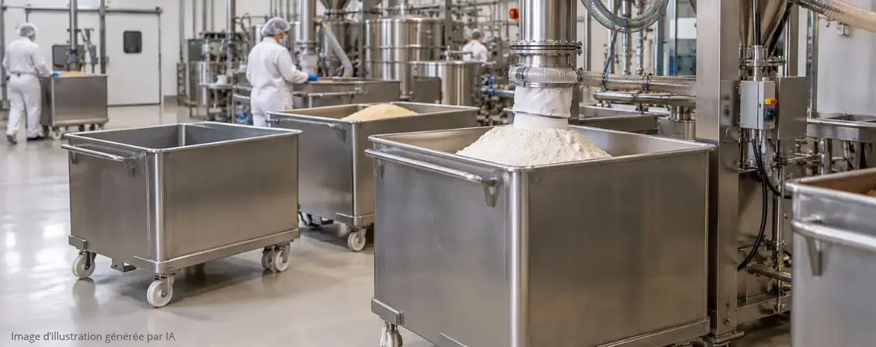 atelier alimentaire utilisant des bacs europe sur roulettes comme contenants intermédiaires